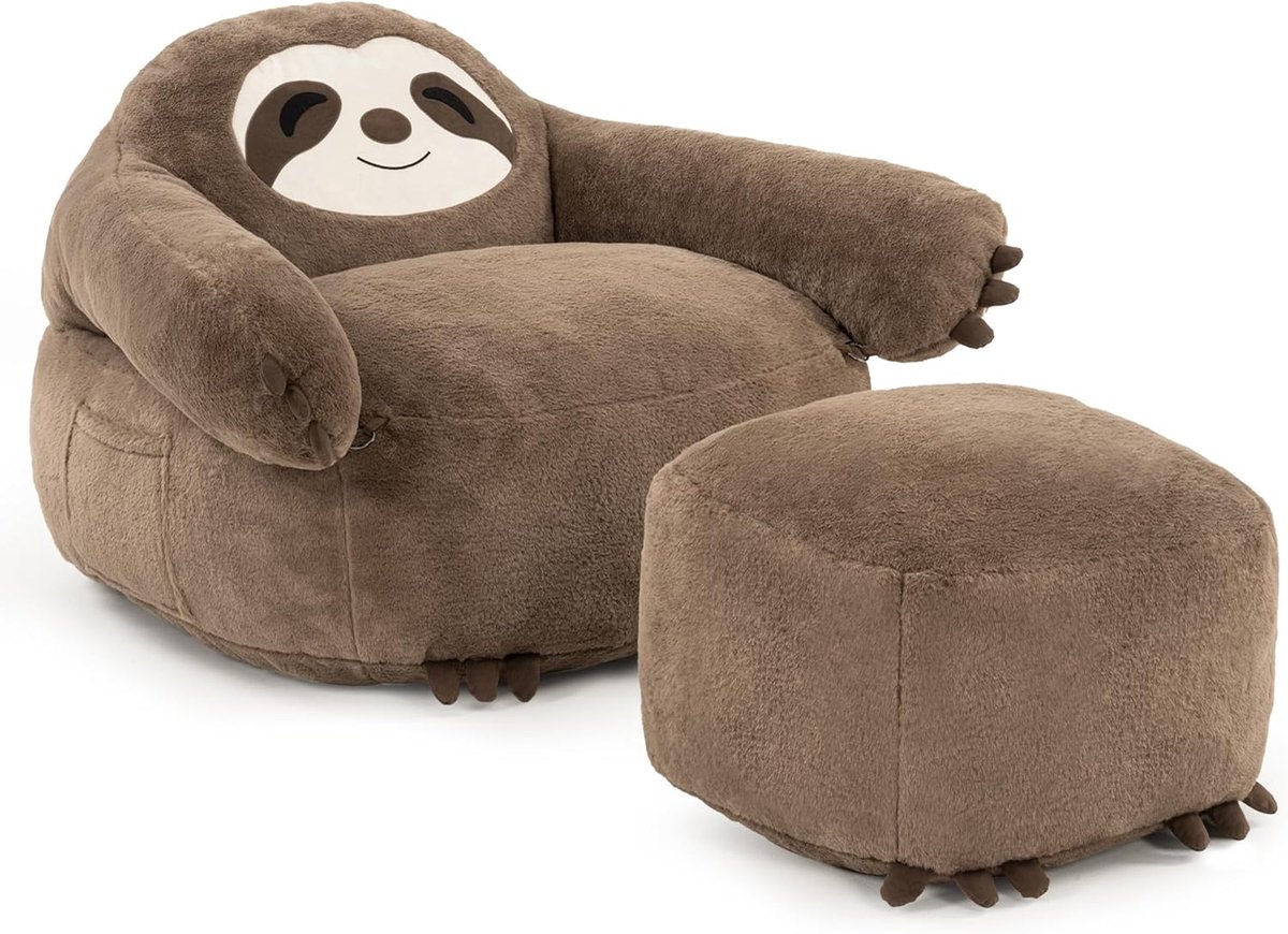 Zitzak met Voetenbank, Ergonomische Relaxstoel met Vulling, Wollige Loungesofa, Luiaard Zitgelegenheid voor Woonkamer, Slaapkamer en Speelkamer, Kleur: Bruin, Dierenprint, Grootte: L