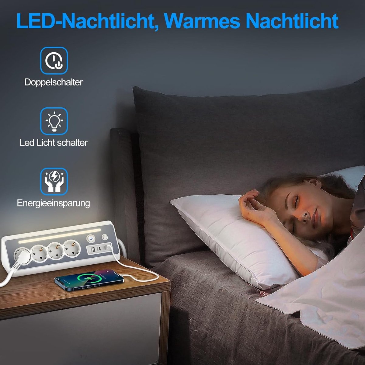 8‑in‑1 Stekkerdoos met 2x USB‑C - 4 stopcontacten - hoekontwerp - overspanningsbeveiliging en LED‑nachtlampje