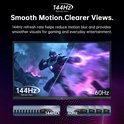 Gaming monitor met 144Hz refresh rate. Toont een futuristische vechter. Vergelijkt 144Hz met 60Hz.
