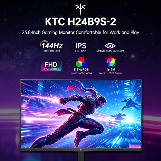KTC H24B9S-2 23.8-inch gaming monitor. Met gaming artwork en specificaties: 144Hz, IPS, FHD, 16.7M kleuren.