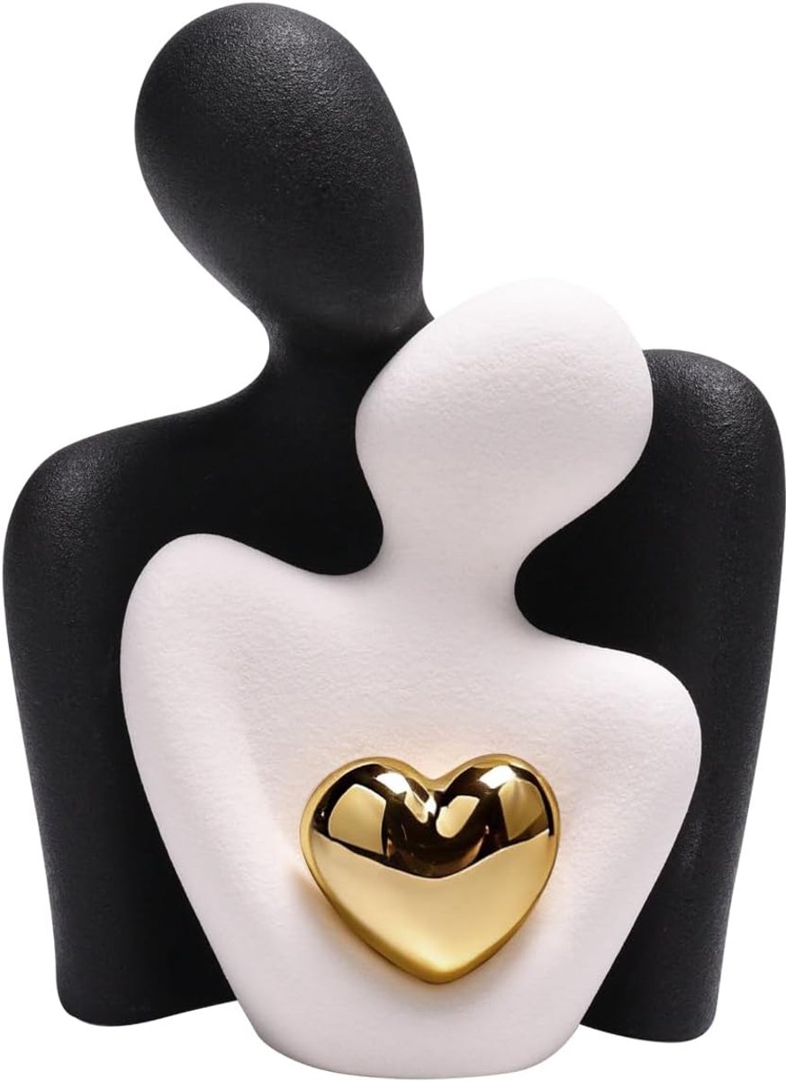 Romantisch paar sculptuur met gouden hart - decoratief keramisch figuur in zwart en wit - modern beeld voor woonkamer - huwelijkscadeau - woondecoratie