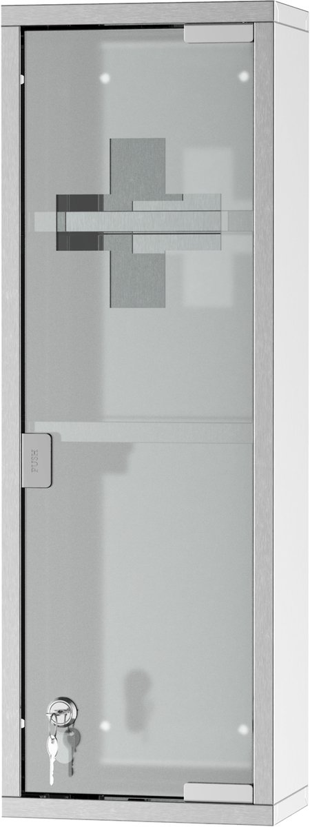 Medicine cabinet first aid cabinet with lock 3 compartments frosted glass 430 stainless steel + tempered glass door silver 20 x 12 x 58 cm