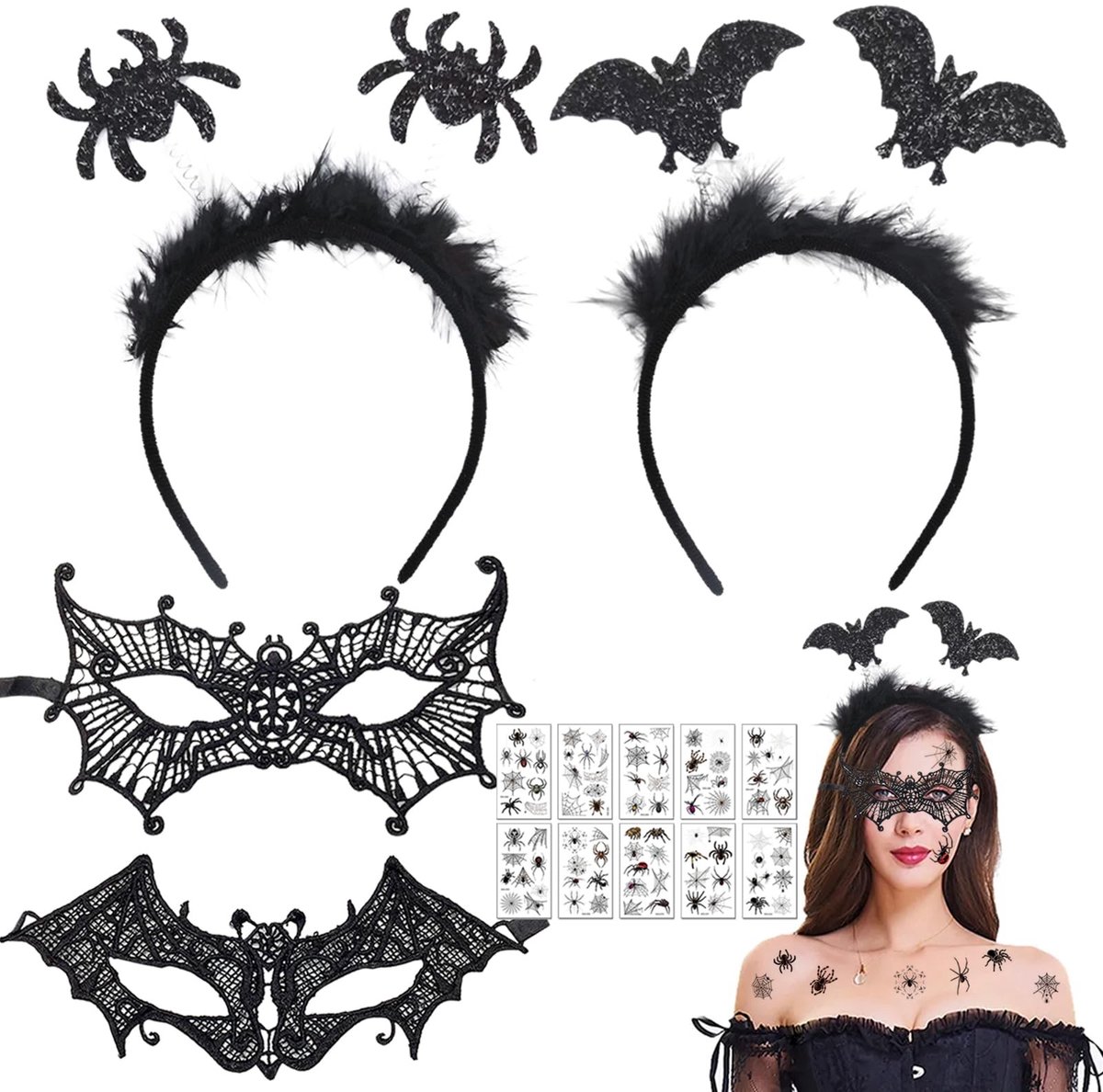 SolidKeus - Halloween Vleermuis Haarband met Masker en Gezichtstattoos