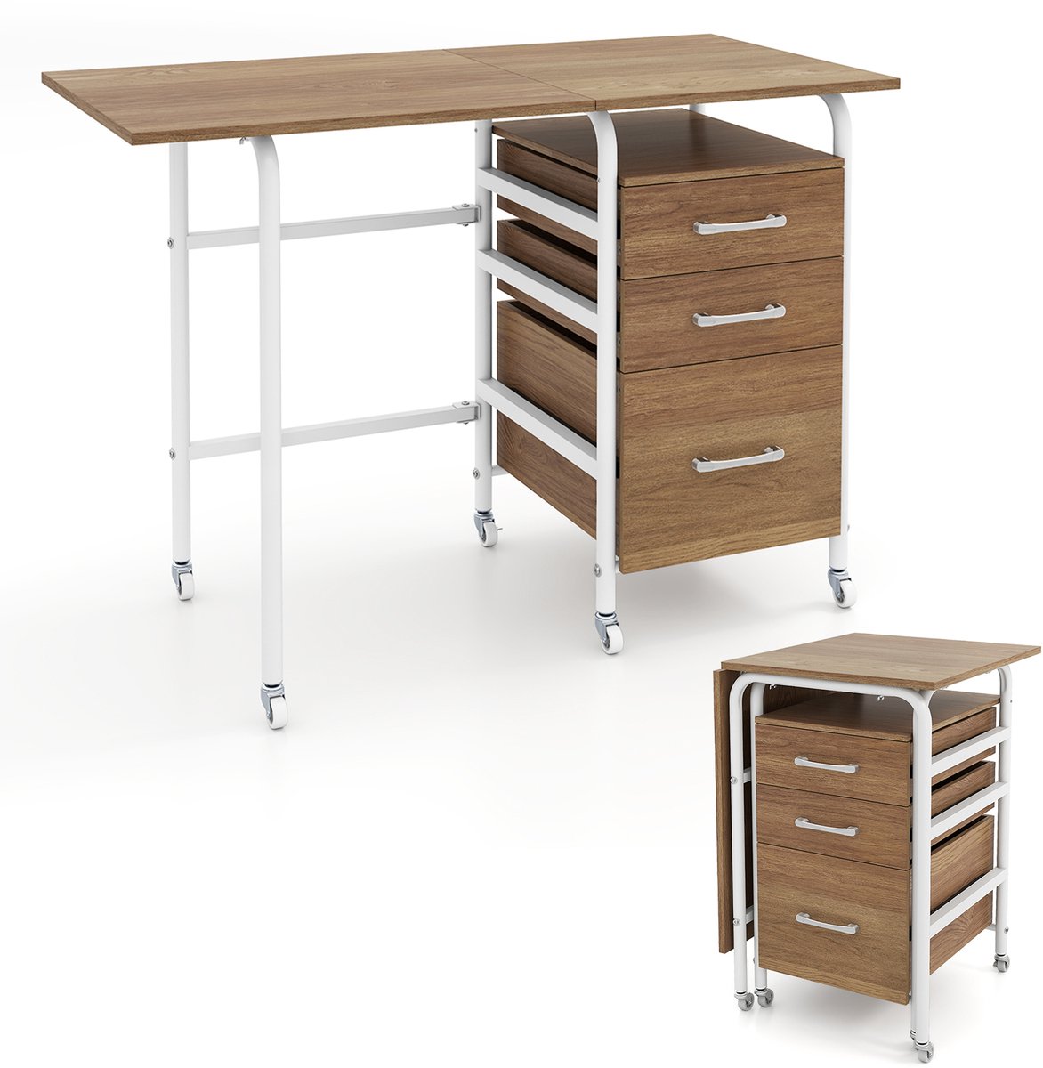 COSTWAY Opvouwbare computertafel met 3 laden en wielen, bureau met metalen frame, ruimtebesparende kantoortafel, opvouwbaar bureau voor kleine ruimtes, 105 x 50 x 75 cm, natuur