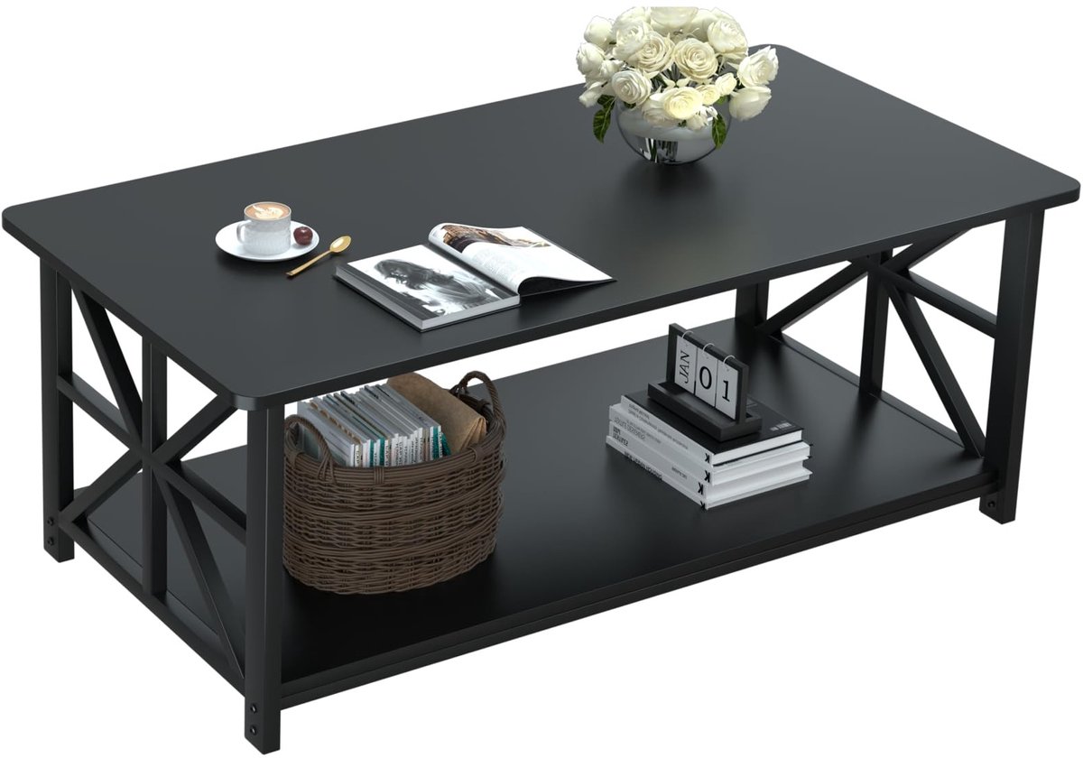 SolidKeus - Coffee Table met 2-Tier Opslag en X-Frame Ontwerp (Zwart)