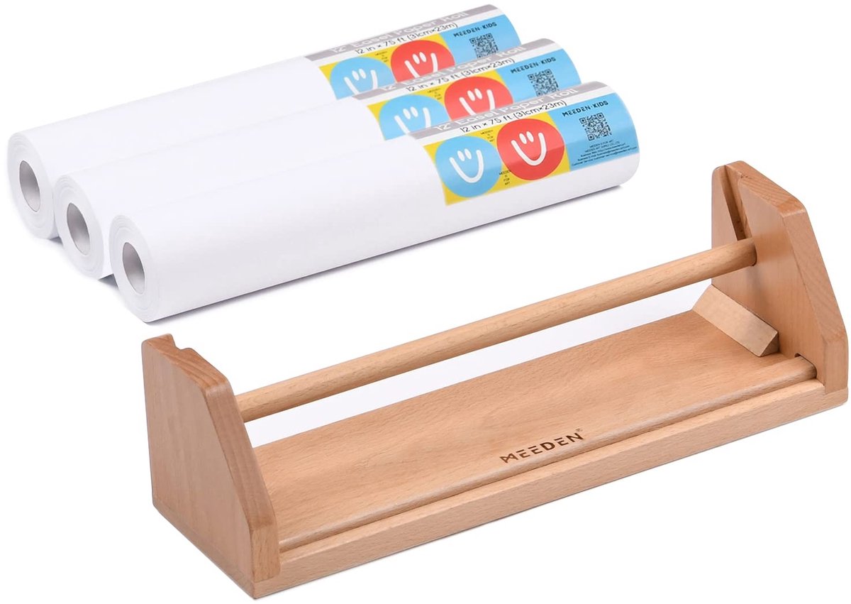 SolidKeus - Papierrail Dispenser voor Kinderen van Hout met 3 Rolletjes Papier