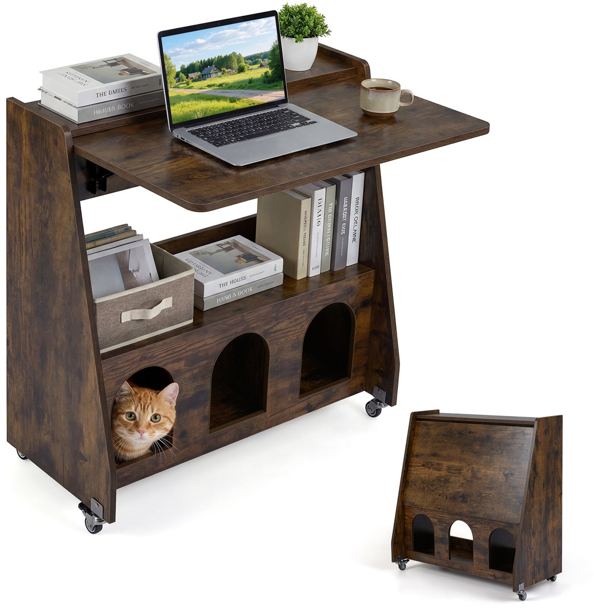 COSTWAY Sta-bureau met wieltjes, bureau met inklapbaar tafelblad, sprekerbureau, ruimtebesparende computertafel met legplank en vakken, klapbureau voor kantoor en seminar (bruin)