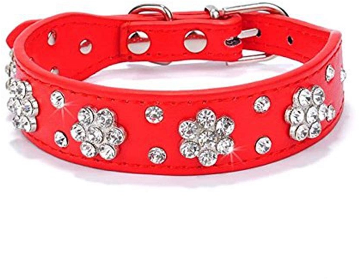 SolidKeus - Verstelbare Honden- en Kattenhalsband met Bloemenrhinestones