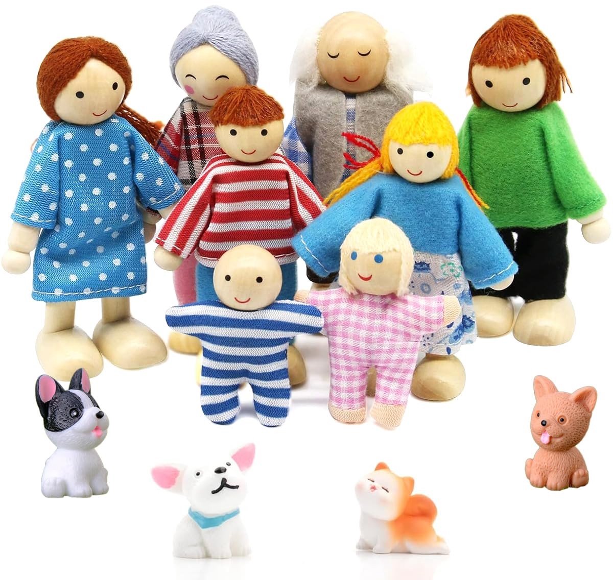 SolidKeus - Houten Poppenfamilie Set met Huisdieren