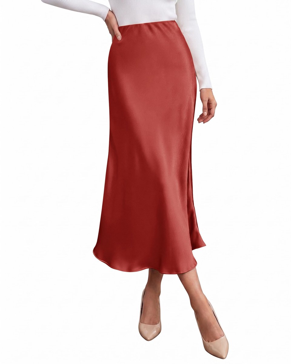 SolidKeus - Elegante Lange Satijnen Rok met Hoge Taille