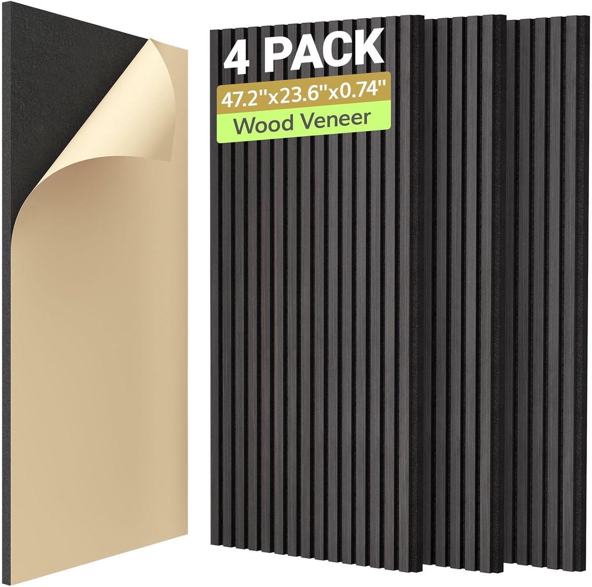 4-Pack Akoestische Houten Veneerwandpanelen, 120*60*1,9 cm 3D Zelfklevend Wandpaneel, Dubbellaagse Geluiddichte Tegels voor Echo Absorptie, Decoratieve Geluiddichte Akoestische Barrière, Zwart
