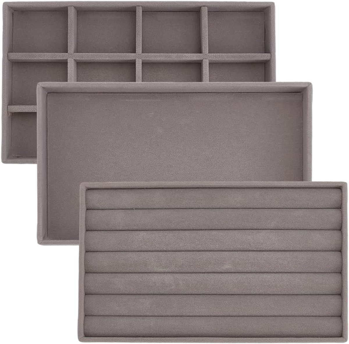 3 stuks 3 verschillende grijze stapelbare sieradenopbergbakjes, fluwelen inzetstukken voor sieradenladen, individueel aanpasbare organizer, trays voor ringen, oorbellen, halskettingen en