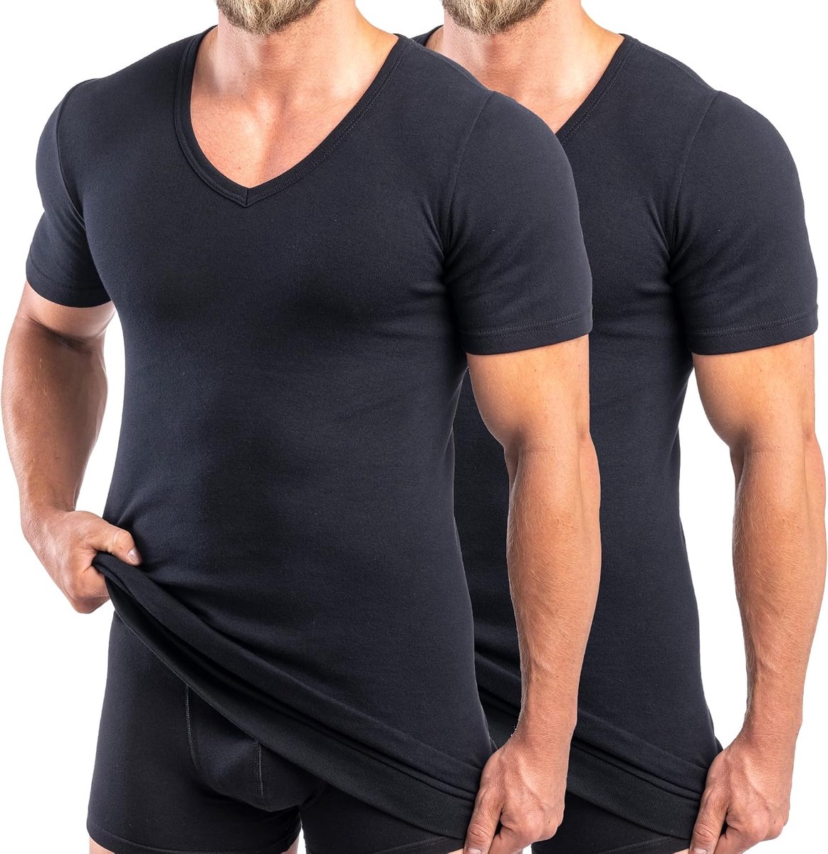 488710 2-pack Extra lang heren shirt met korte mouwen + 6cm V-nek met tailleband als uiteinde, 100% biologisch katoen
