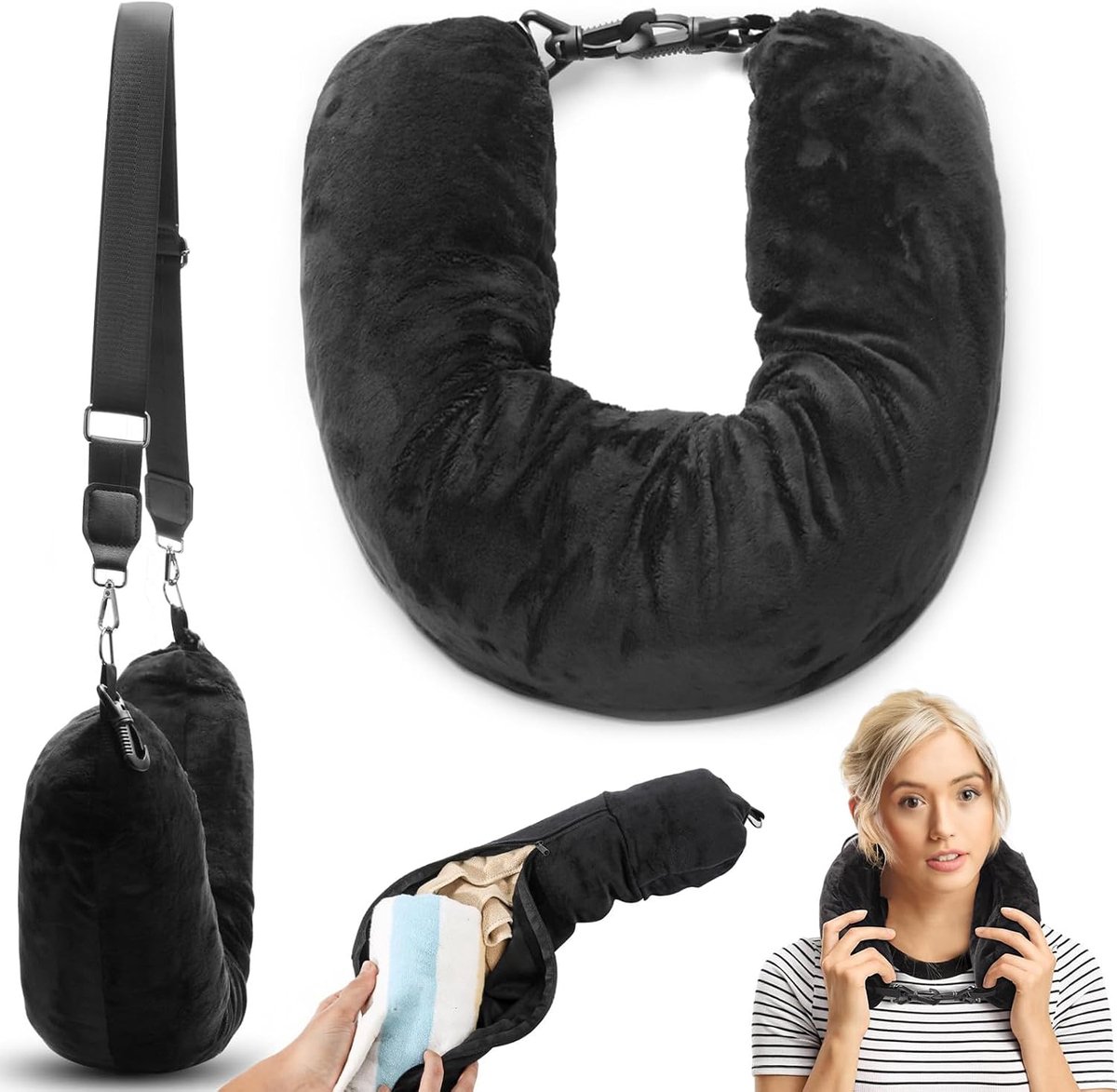 Kleding reisbenodigdheden vulbaar nekkussen - voor reizen vullen met spullen en kleding, zwart reisbenodigdheden kussen (1 stuk, zwart)