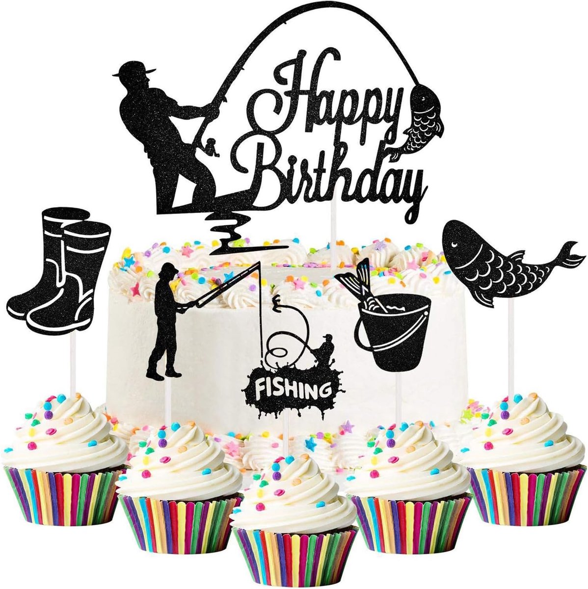 Cake Toppers, 6 stuks zwarte glitter vissers taarttopper, vissen Happy Birthday Cake Topper voor taartdecoraties