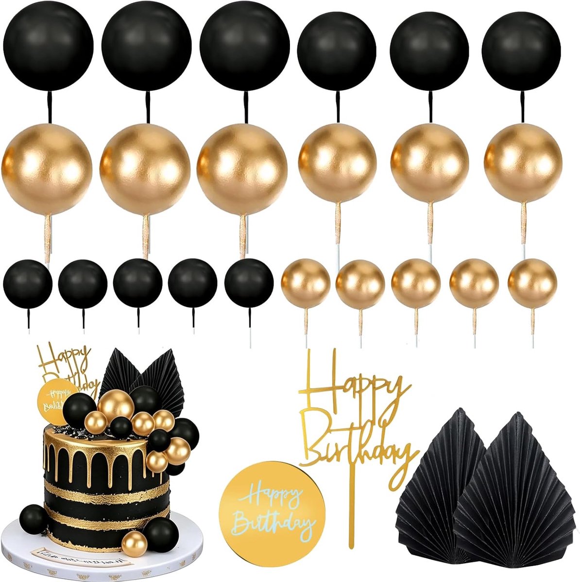 Decoratieve ballen voor taarten, 26 stuks taartdecoraties verjaardag, zwart goud Happy Birthday taartdecoraties met zwarte palmbladeren voor verjaardagen, bruiloften, jubilea