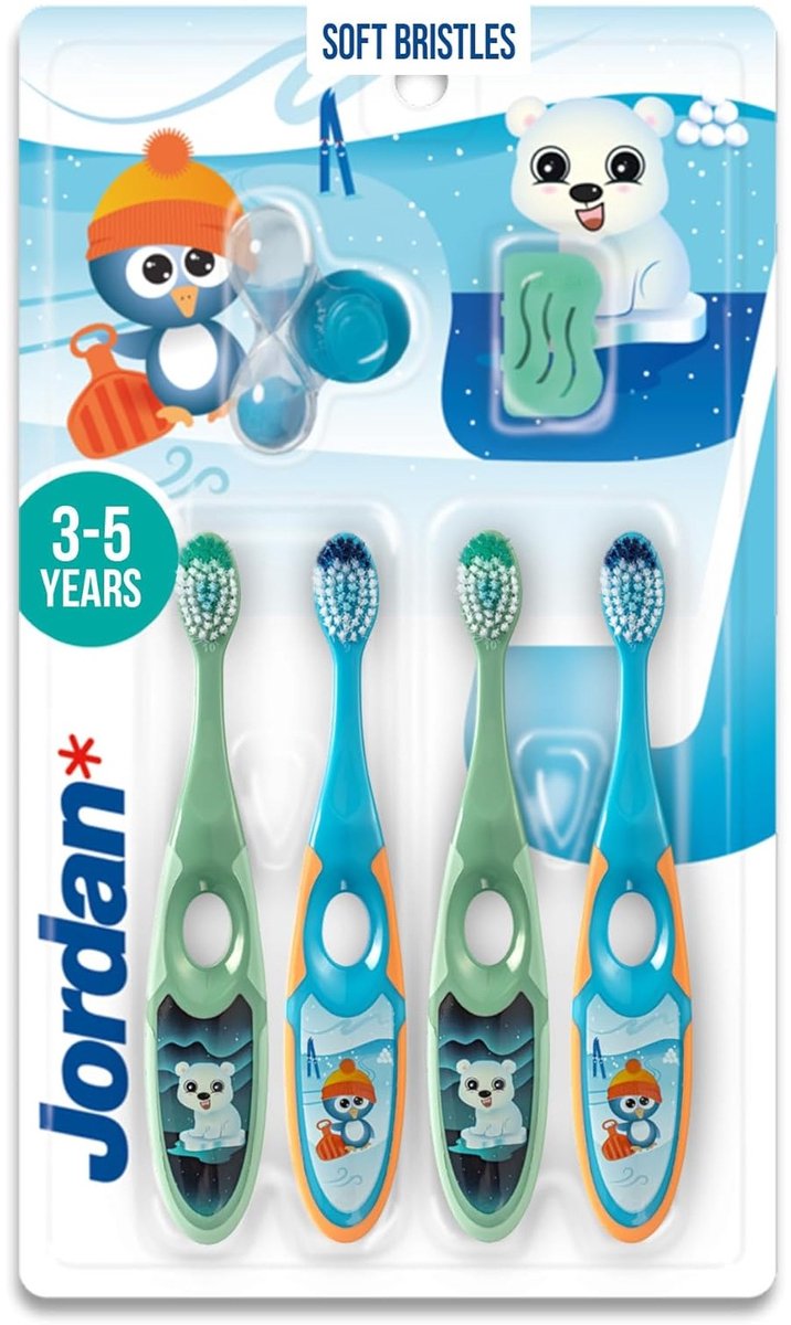 Jordan Step 2 Kinder Tandenborstel 3-5 Jaar – Zachte Borstelharen – BPA-vrij – Blauw/Groen – 4 Stuks