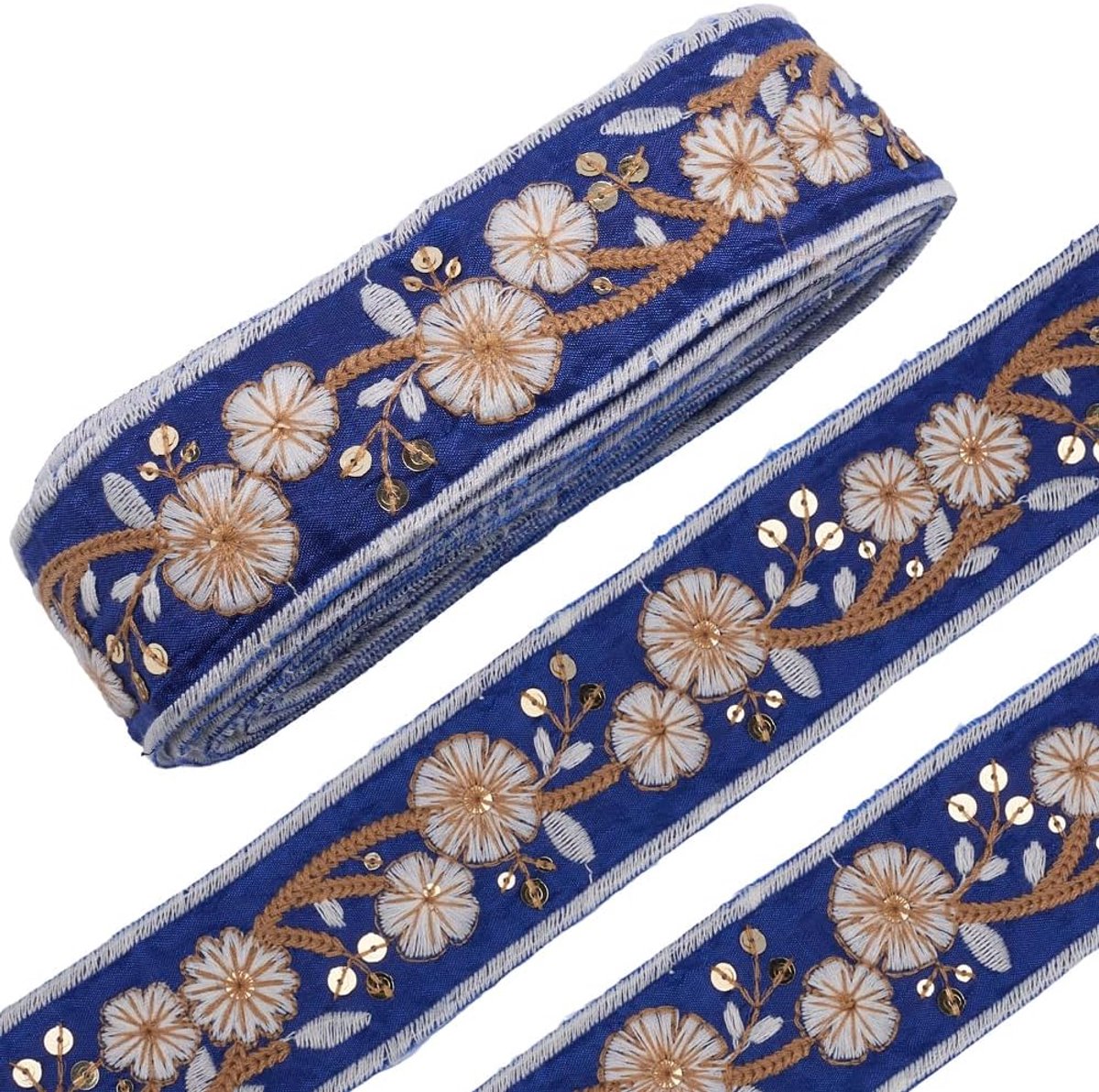 4.57M 44mm Blauw Geborduurd Jacquard Lint Etnische Stijl Bloemen met Gouden Pailletten Geweven Band Veelzijdige Webbing Stof Trim Voor Naaien Maken Kleding Tassen Hoeden Riem Decor Diy Craft