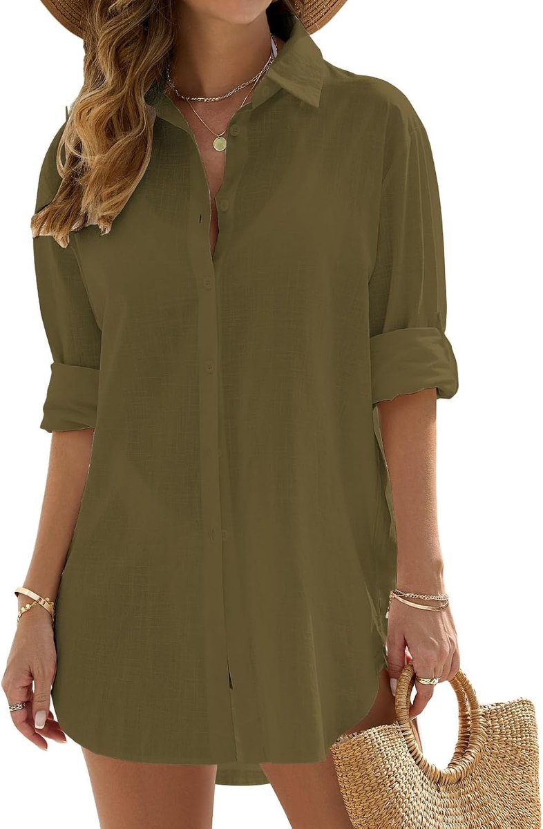 Strandjurk voor dames, zomer, strandblouse, strandhemd, V-hals, strandtuniek, losse button-down, strandponcho, lange blouse, bikini-cover-up