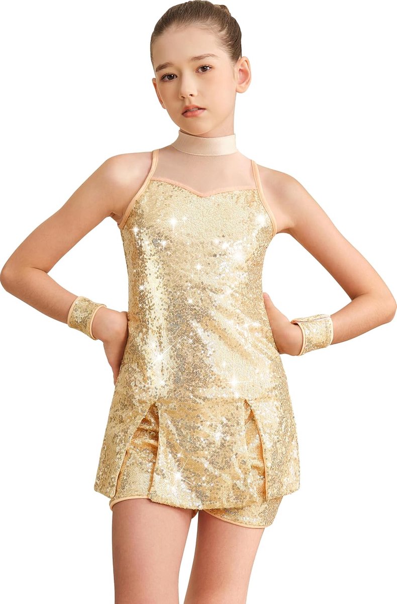 Meisjesjurk met pailletten, danskleding voor kinderen, borsten, mesh, mouwloos, top en short, jazz hiphop, latin, glanzend pak, outfits, kostuum