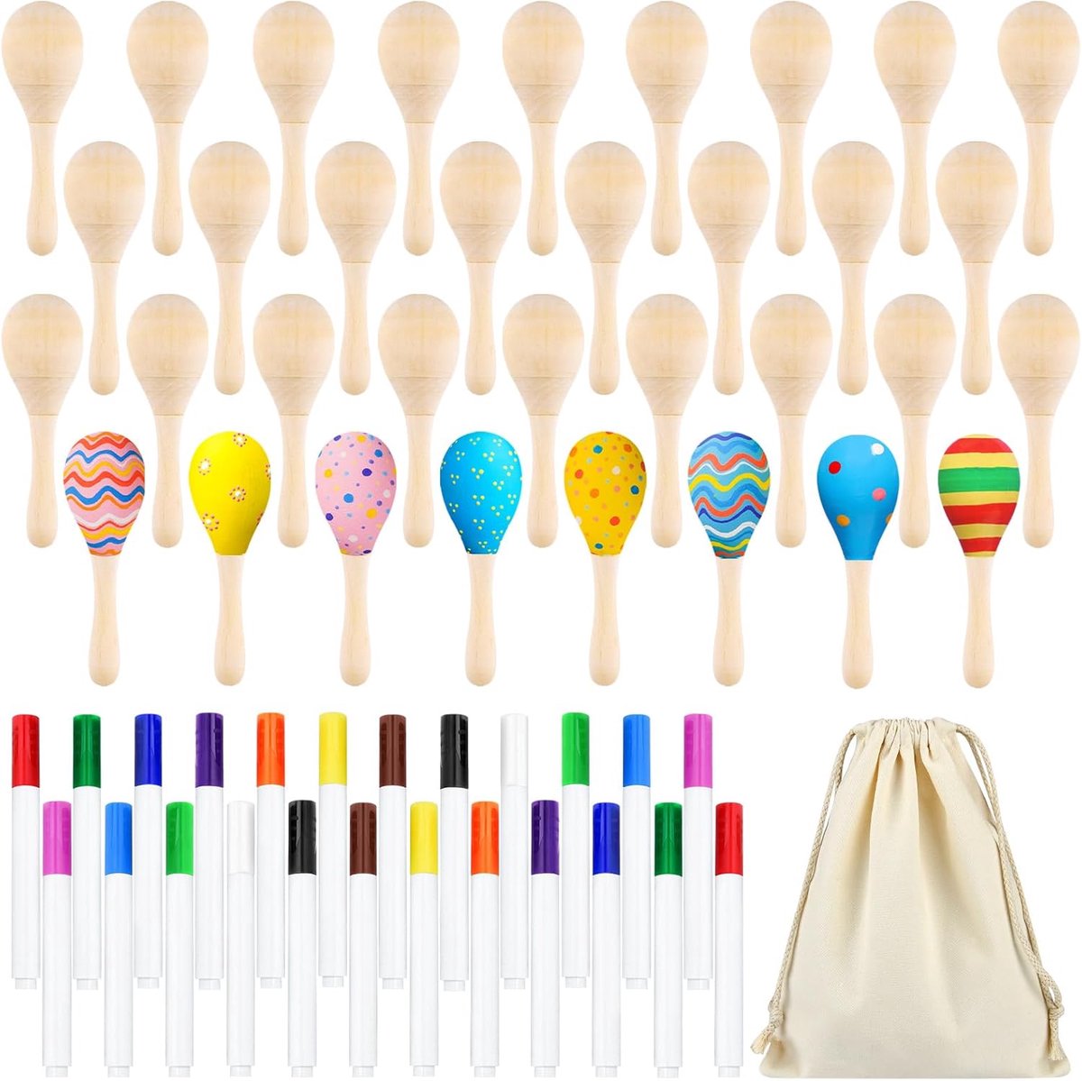19 stuks houten maracas voor kinderen Fiesta Mexicaanse Cinco De Mayo feestgunsten decoraties benodigdheden, met 12 stuks veelkleurige pennen 1 stuks trekkoord opbergzak