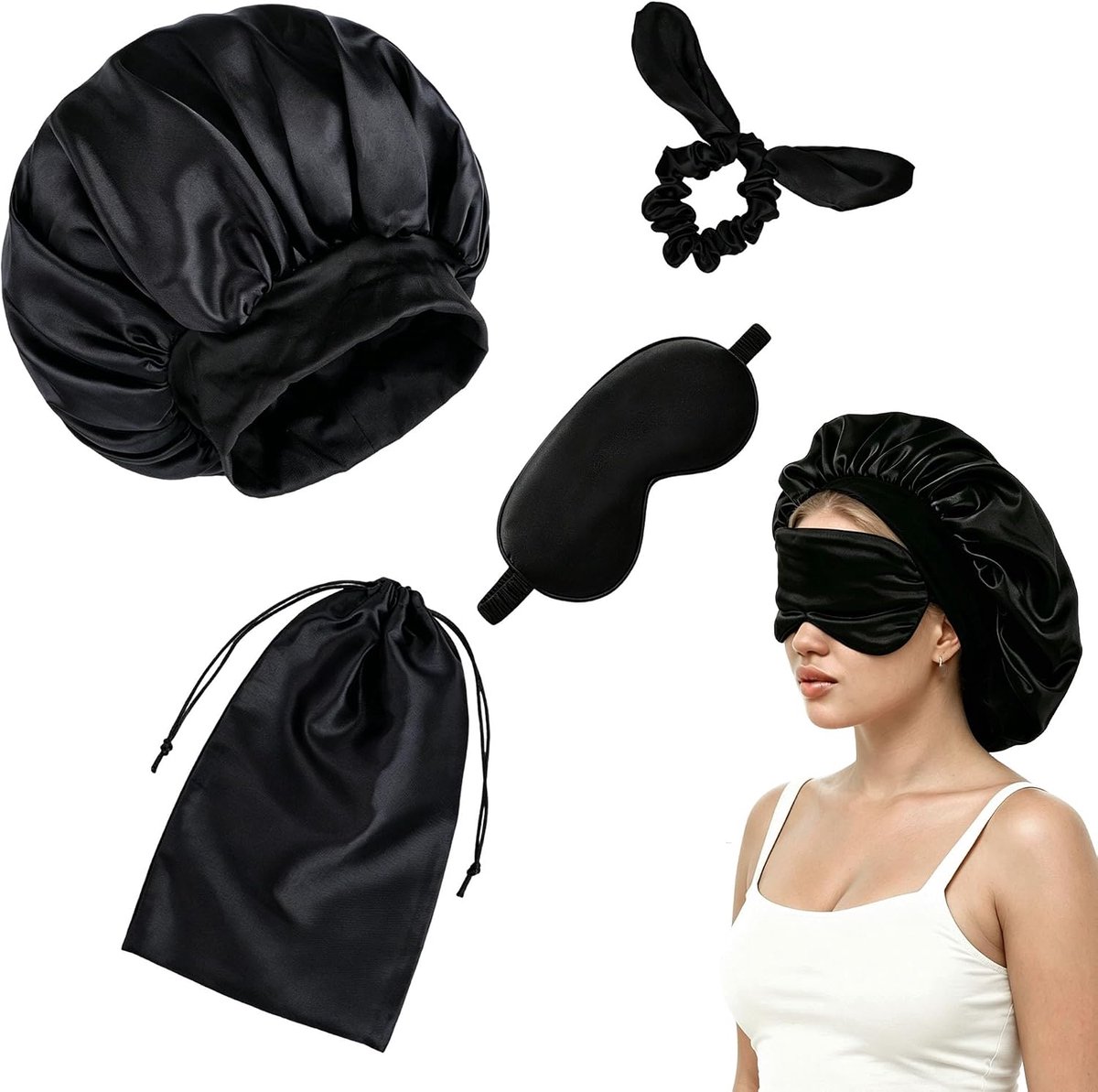 4-delig, slaapmuts met oogmasker, haarelastiek, opbergtas, polyester slaapmuts voor lang haar, ademend slaapmasker tegen kroezen, haarbreuk voor vrouwen, reizen (zwart)