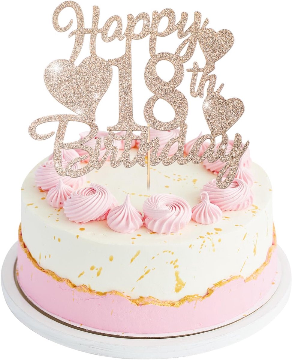 Taartdecoratie voor de 18e verjaardag, voor jongens en meisjes, Happy 18e Birthday, glitter, roségoud, taartdecoratie voor tieners, 18e verjaardag, taartdecoratie voor jongens en meisjes