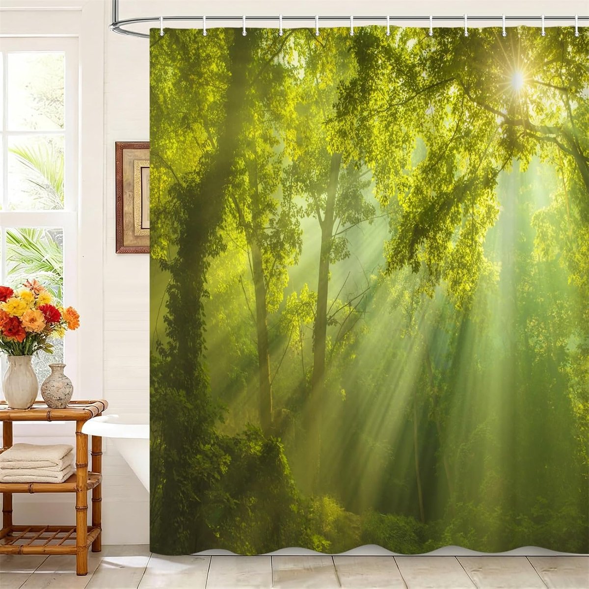 Douchegordijnen 180 x 180 cm met kunststof haken, groen bos, Tyndall effect, zonlicht door weelderige bomen, waterdicht, bedekt voor badkuip, natuurlijke decoratie voor badkamer