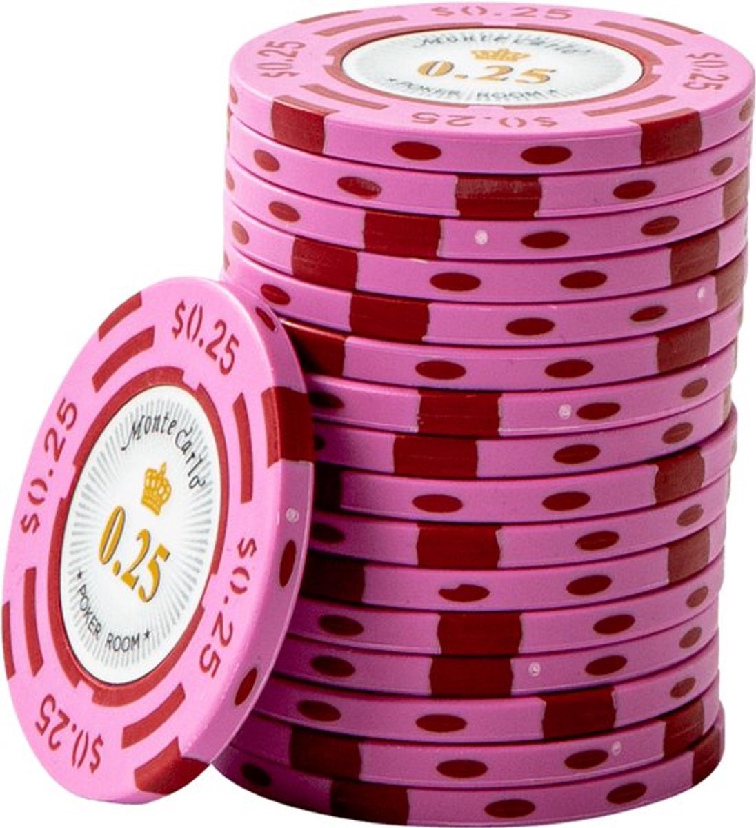 Monte Carlo poker Chips 0,25 roze (25 stuks) - pokerchips - pokerfiches - poker fiches - clay chips - pokerspel - pokerset - poker set