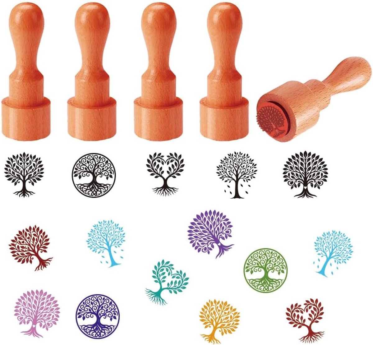 5 Stijlen Eenvoudige Boom Patronen Houten Rubber Stempels, Levensboom Ronde Handvat Houten Stempels Mini Decoratieve Houten Stempel voor DIY Crafting Scrapbooking Kaart Maken Brief Dagboek