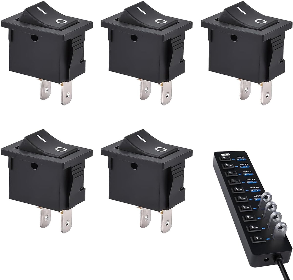 Schakelaar, SPST, rechthoekig, ON-OFF 2 posities, 2 klemmen, 6 A, 250 V, AC 10 A, 125 V AC, zwart, mini-aan/uit-schakelaar voor elektrische apparaten, industriële uitrusting
