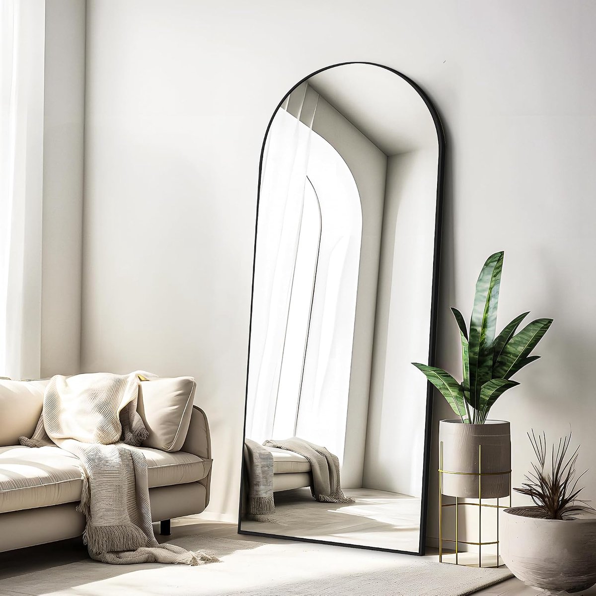 Boog full-body spiegel, 165 x 60 cm vloerspiegel met zwart frame, gewelfde staande spiegel, grote wandspiegel om te staan, leunen of hangen, vloerspiegel voor slaapkamer, woonkamer