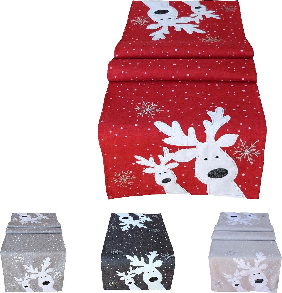 Tafelloper 40 x 140 cm rood wit zilver, grappige eland, rendier, tafelkleed, kerst kerstversiering kerstdecoratie kersttafelkleed