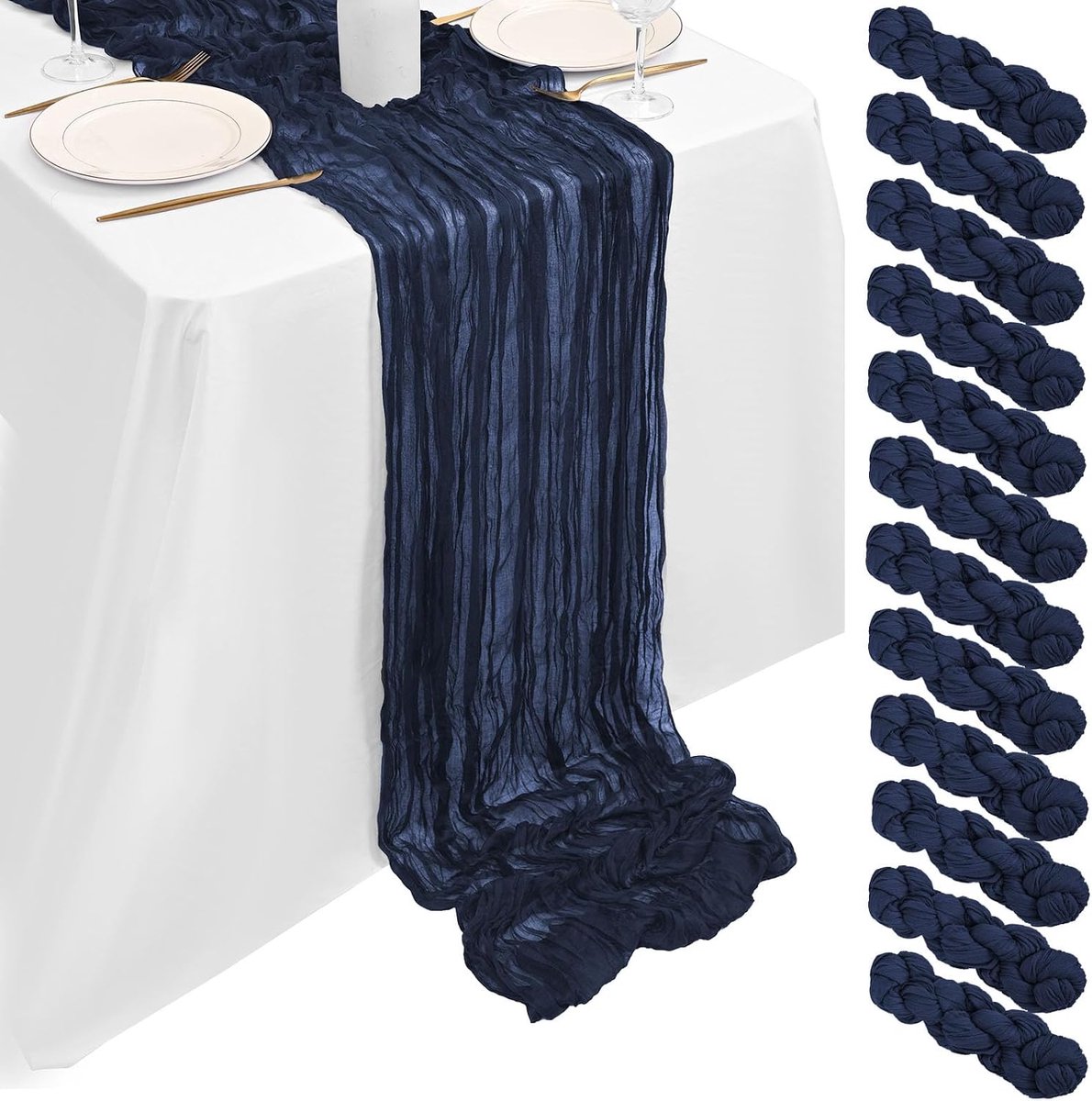 Set van 12 marineblauwe kaasdoek, tafelloper van 305 cm, marineblauwe kaasdoek, rustieke gaasstof, doorschijnende boho-tafeldecoratie voor bruiloft, receptie, bruidsdouche, babyshower (90 x 300 cm)