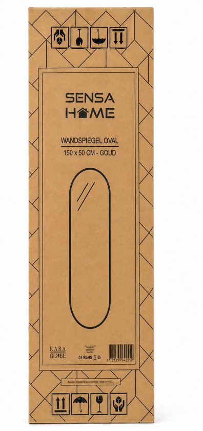 Gouden ovale spiegel, 150 x 50 cm, op de doos van SensaHome.