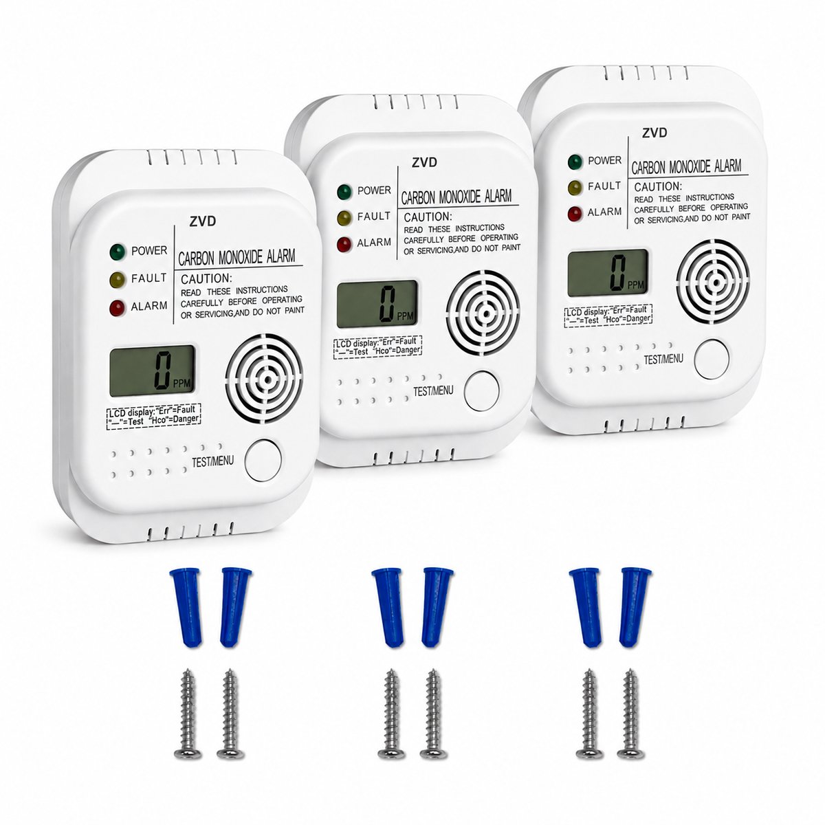 Koolmonoxidemelder met LCD-Scherm - 85 dB Geluids- en Lichtalarm - Batterijgevoed - Draagbaar voor Thuis, Keuken, Slaapkamer, Garage en Camper - 3 Stuks