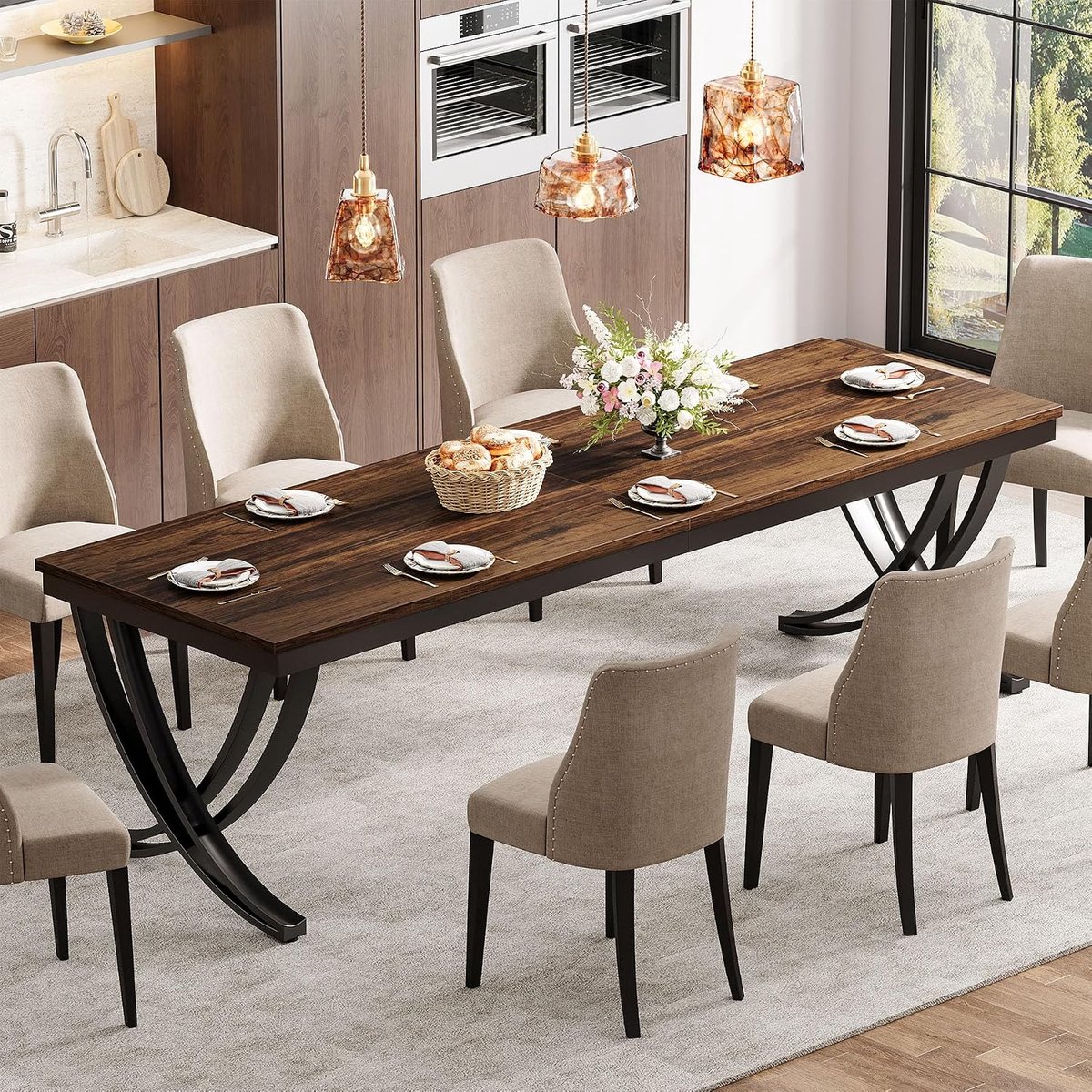Eettafel, industriële keukentafel voor 6-8 personen, rechthoekige eettafel met robuuste metalen poten voor eetkamer, keuken, woonkamer, rustiek bruin, 200 x 70 x 75 cm