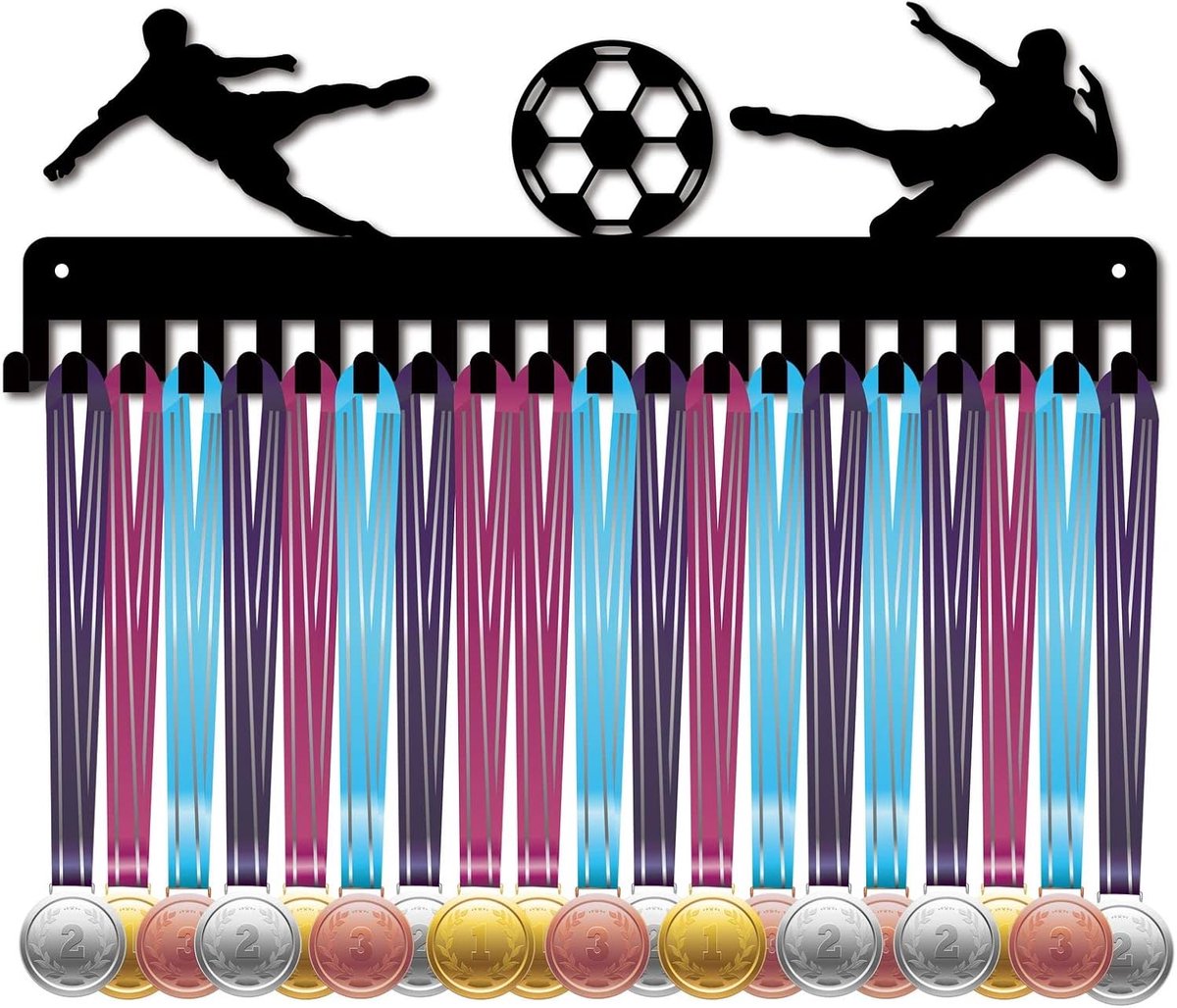 Voetbal Medaille Houder Display Hangerrek Sport Metaal Muurmontage met 20 Hakjes Hang Over 60 Medailles Hardlopers Thuis Badge Hardlopen Marathon Gymnastiek Zwart 40 x 13.5 cm