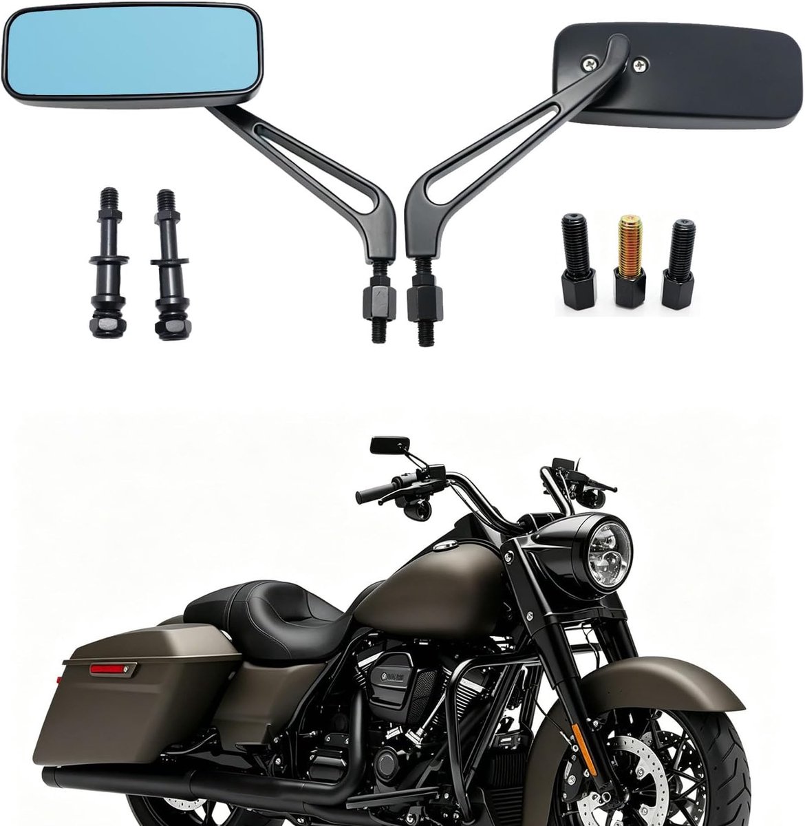 8mm 10mm Motor Rechthoekige Achteruitkijkspiegels met Blauw Glas, Zijspiegels voor Davidson Softail Sportster, Honda, Suzuki, Bobber Cruiser Chopper Scooter Touring Sportfiets ATV