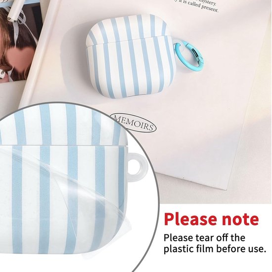 Compatibel met AirPods 4 hoes met reinigingsset, schattig gestreept patroon, esthetisch design, stootvaste en krasbestendige TPU-beschermhoes met sleutelhanger, voor vrouwen en meisjes, blauw van compatibel — afbeelding 4