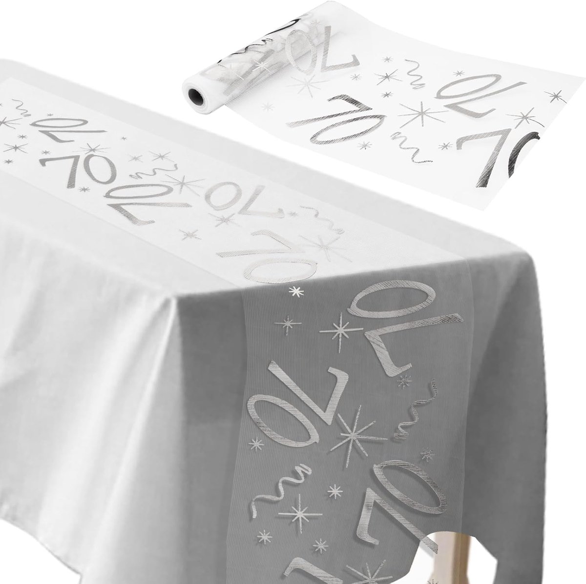 Tafelloper 70e verjaardag 28 cm x 10 m tafeldecoratie verjaardag op maat te snijden tafel decoratie zilver mannen en vrouwen voor verjaardagsfeest jubileumfeest