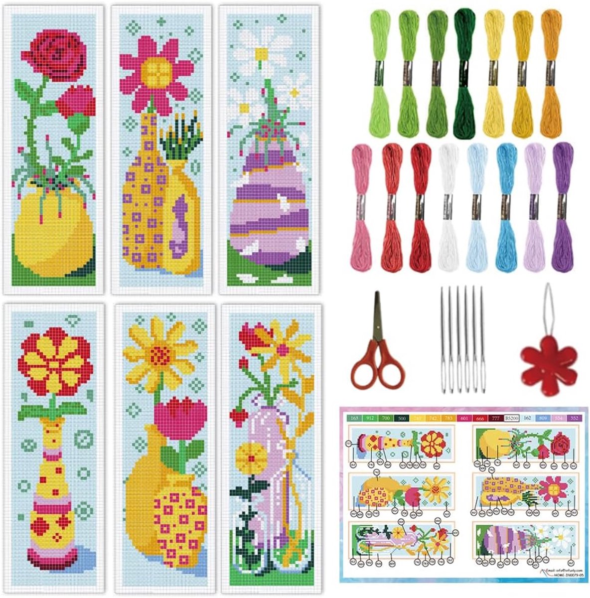 Bloemenvaas, kruissteek, set van 6 stuks, handgemaakte kruissteek, bladwijzers met rozenbloemen, doe-het-zelf borduurwerk, bladwijzer voor lezers met handleiding voor beginners, volwassenen
