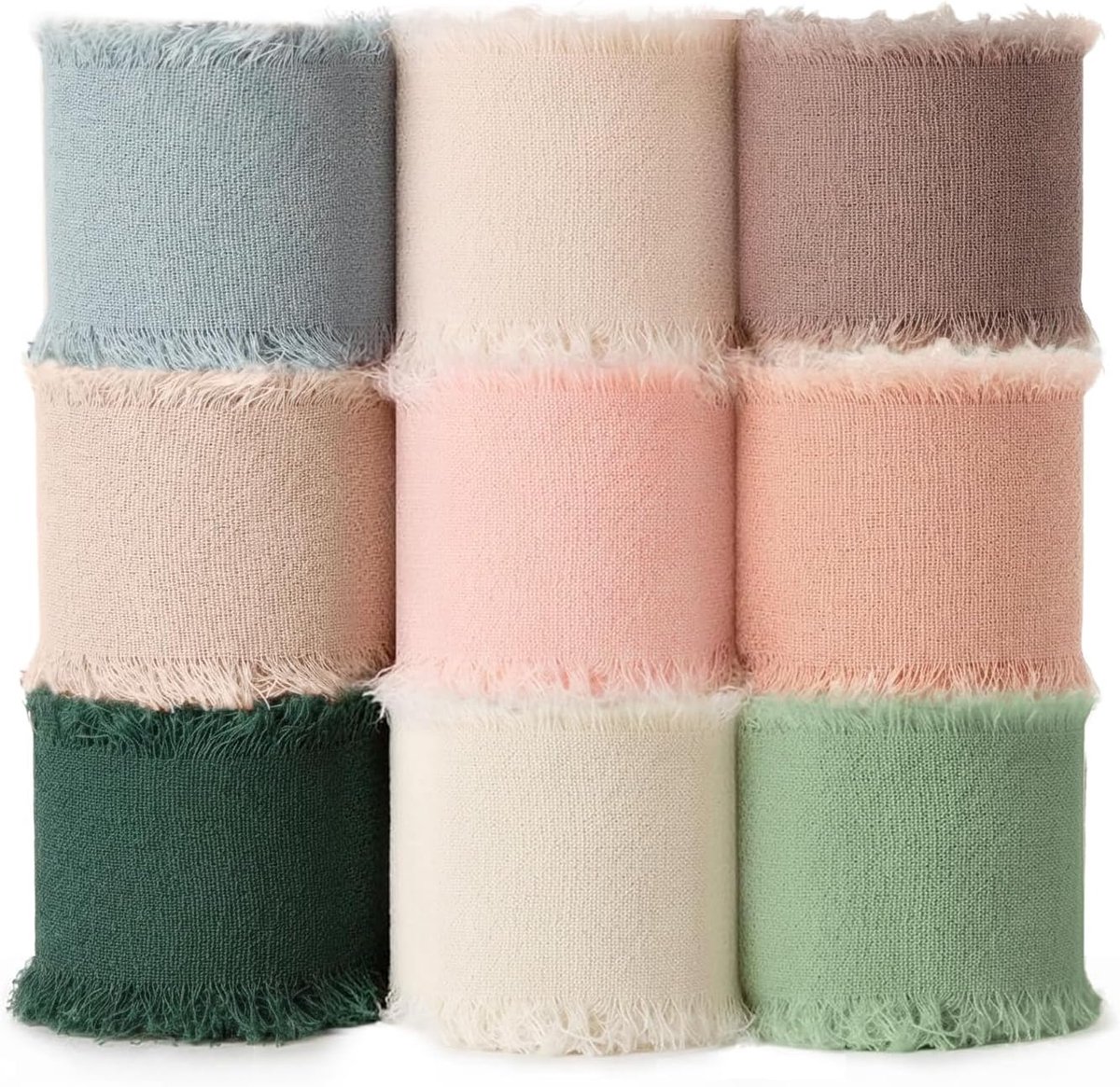 Chiffon lint 2,5 cm x 27 m gemengd, 9 kleuren, linten, handgemaakte franjes (9 rollen x 3 m), stoffen lint met franjesrand voor huwelijksuitnodiging, boeket, geschenkverpakking, strikken maken