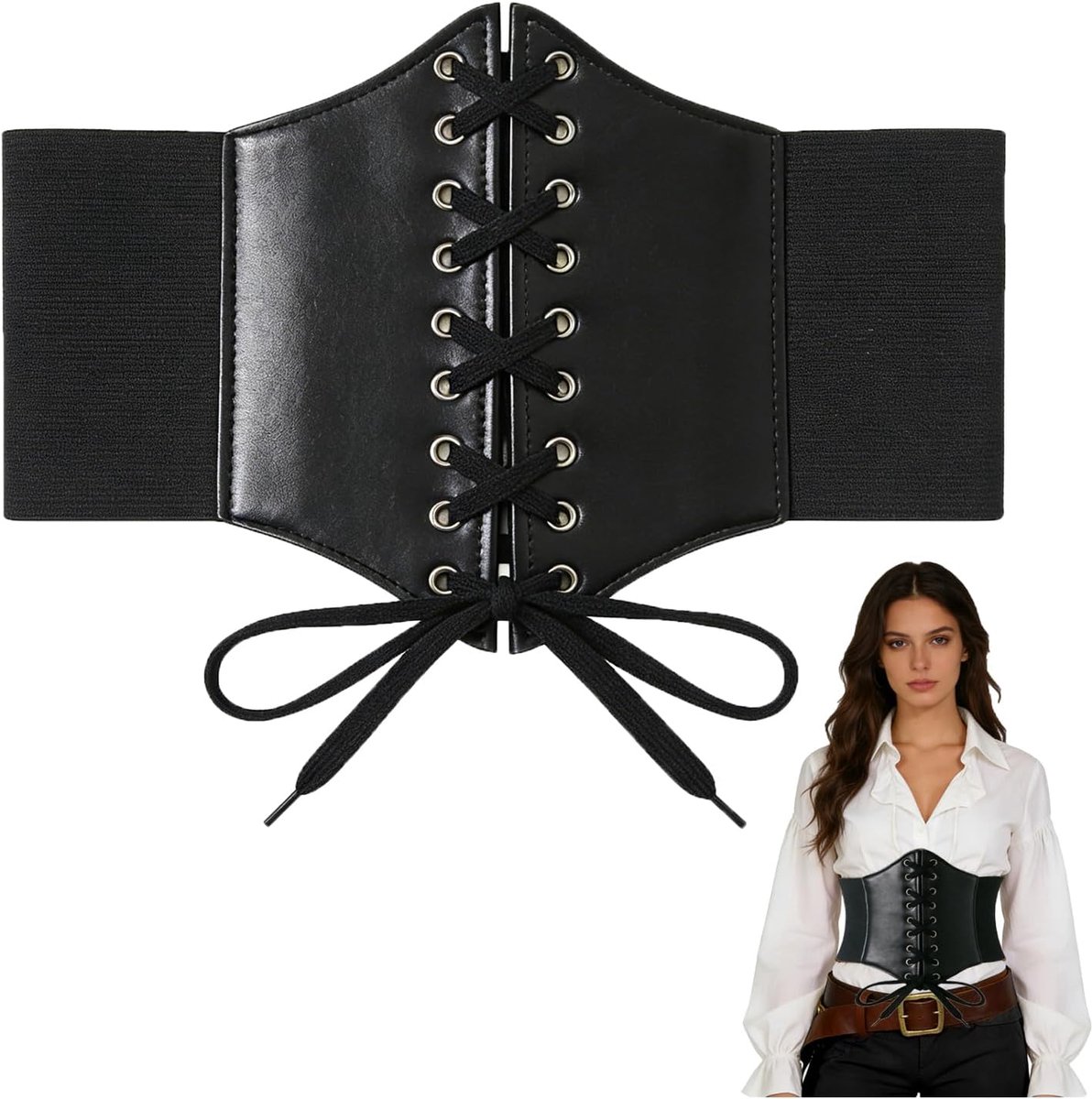 Korset voor dames, piratenkorset, middeleeuwse riem, kostuum voor vrouwen, onderborstkorset, zwart, leer, tailleriem, piratenkostuum, accessoires, riem, gothic, retro, zwart korset voor Halloween