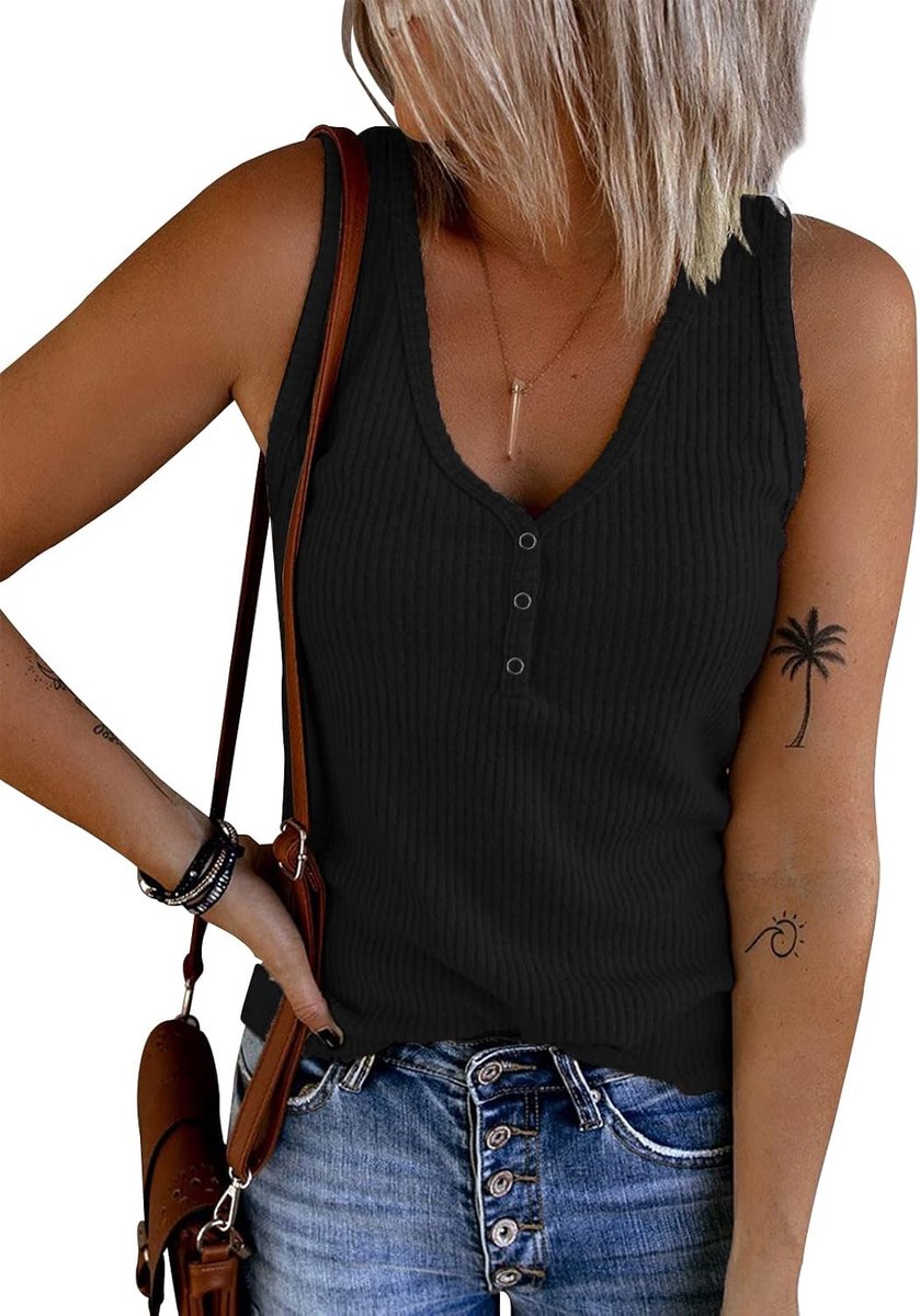 Dames Tanktop Chique V-hals Tank Tops Casual Mouwloze T-shirts Geribde Gebreide Knoop Shirts Sexy Vest Lente Zomer Tuniek Crop Tops