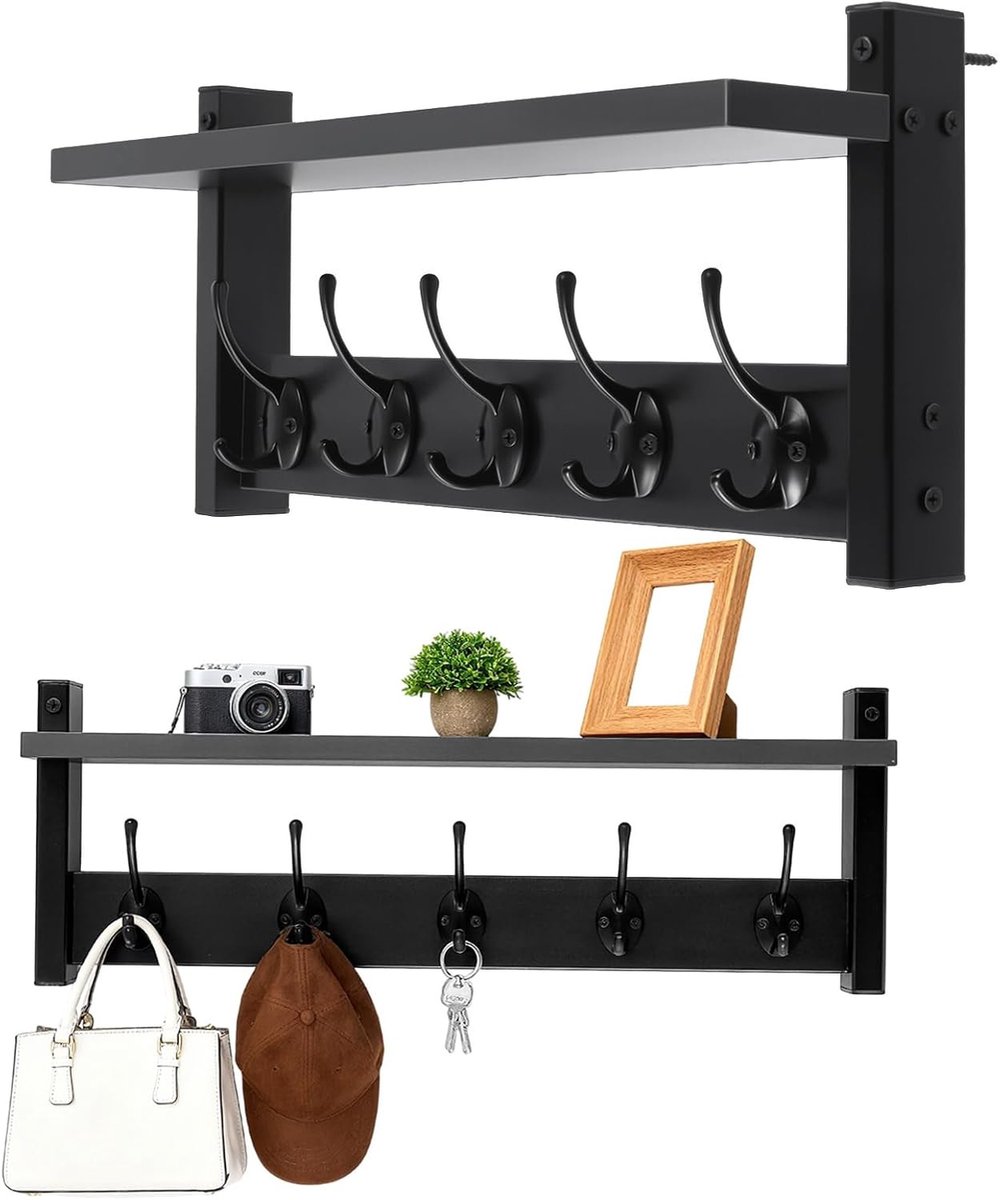 Set van 2 Wandgarderobes met Plank, Zwarte Houten Wandplank met Haken voor Kleding, Muurbevestigde Opbergoplossing voor Hal en Slaapkamer, 43,5 x 11,5 x 19,2 cm