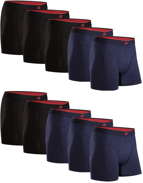 Tien zwarte en donkerblauwe boxershorts met rode tailleband, op een rij.