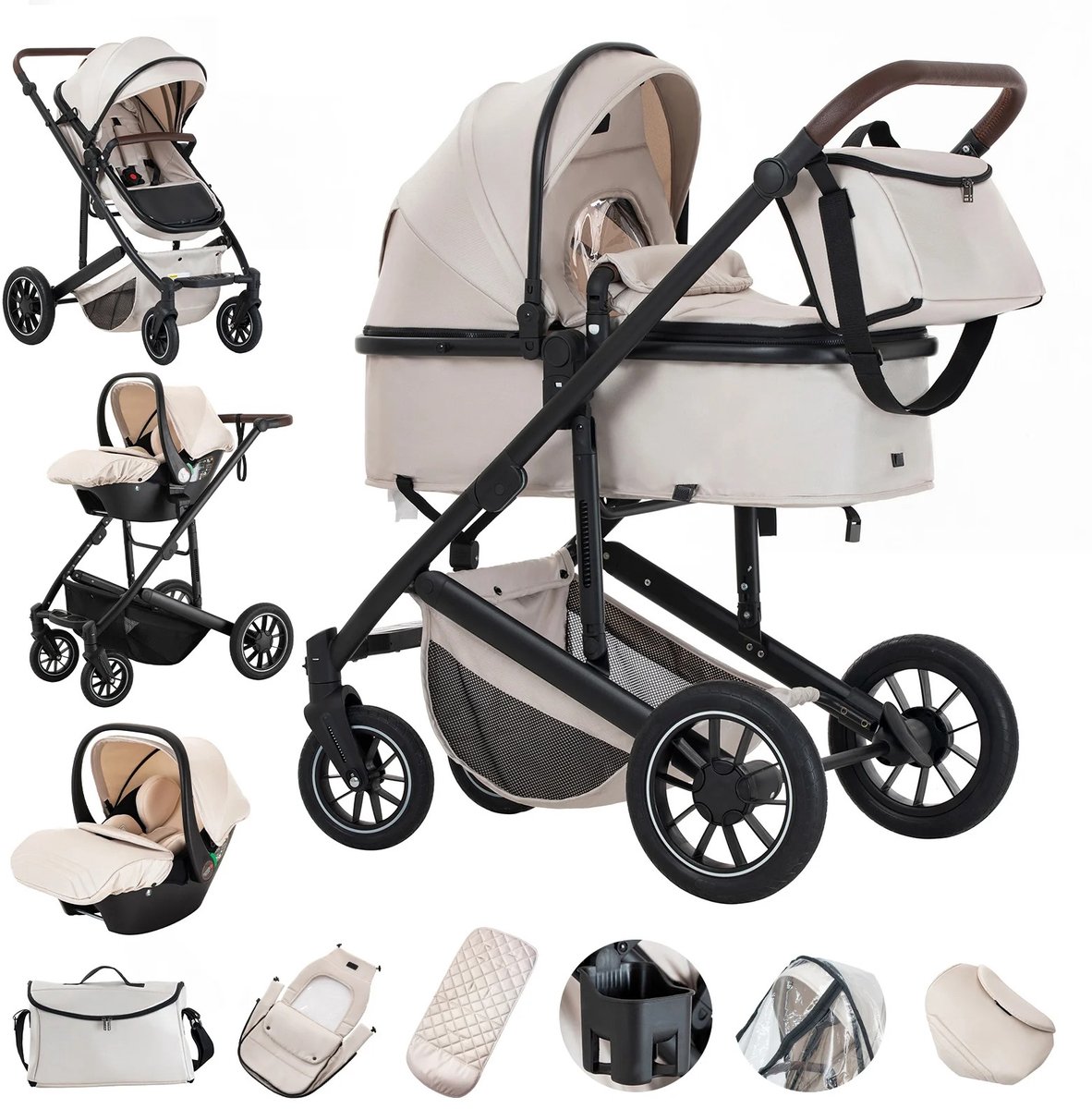 G&G kinderwagen - 3 in 1 - Wandelwagen - Baby Reiswieg - Maxi cosi - Autostoel - Matras - Voetenzak - Afneembare kap - Beige