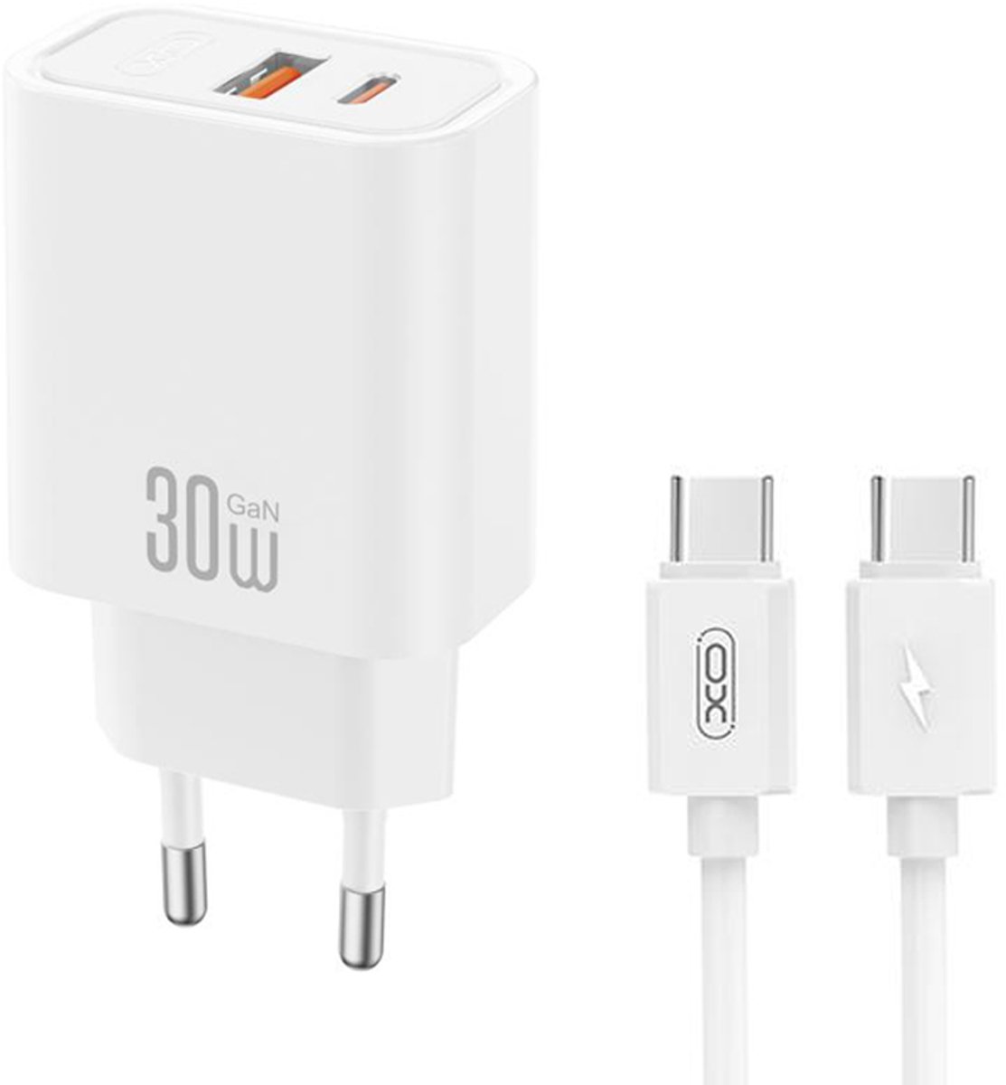 XO - Ultra krachtige GaN 2-in-1 Oplader USB-C + USB-A - 30W - inclusief USB-C naar USB-C kabel - Universeel voor smartphones & tablets - Thuislader - Wit