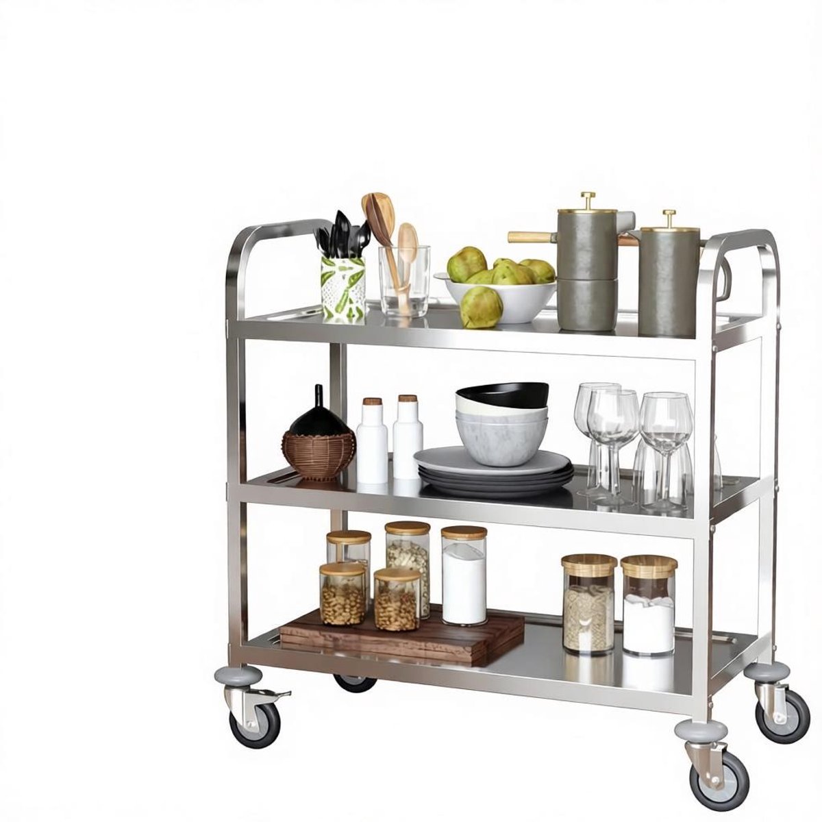 COVREO Keukenwagen 90,5x50,5x88,2 cm zilver, RVS met 3 planken